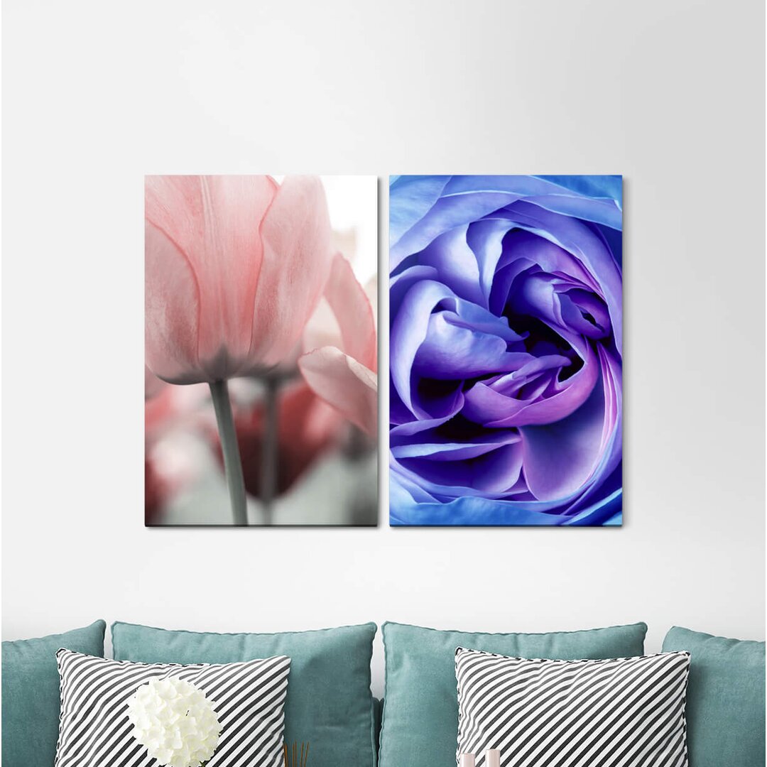 2-tlg. Leinwandbilder-Set - Grafikdruck „Tulips Rose Blossom Blue Silk Romantic Soft”