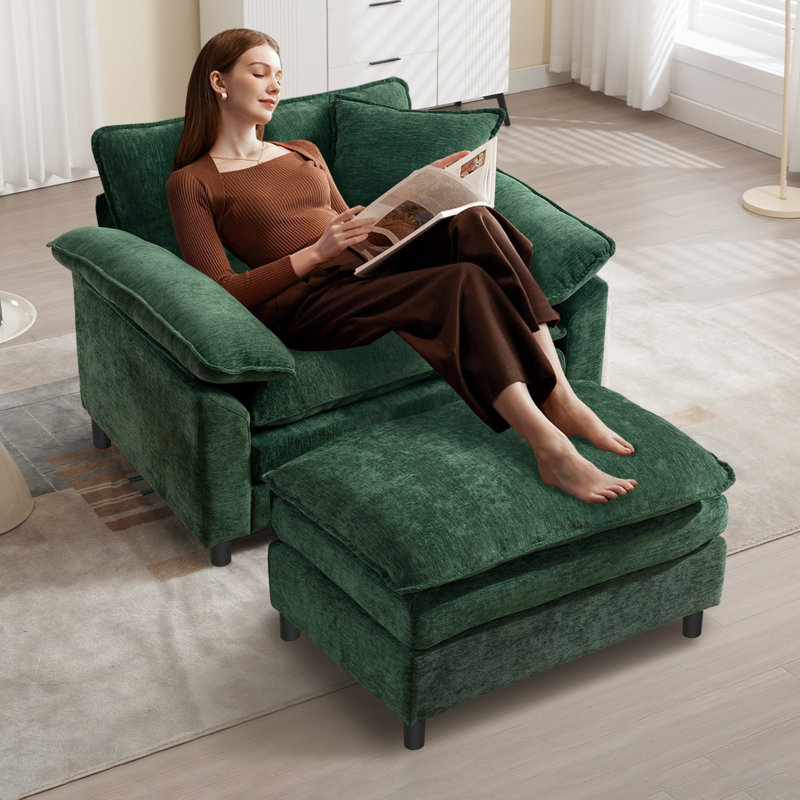 Fauteuil d'appoint surdimensionné en chenille avec repose-pieds, Chenille verte