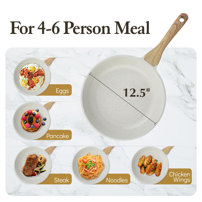 12.5 Inch White Ceramic Nonstick Frying Pan with Woodgrain Handle