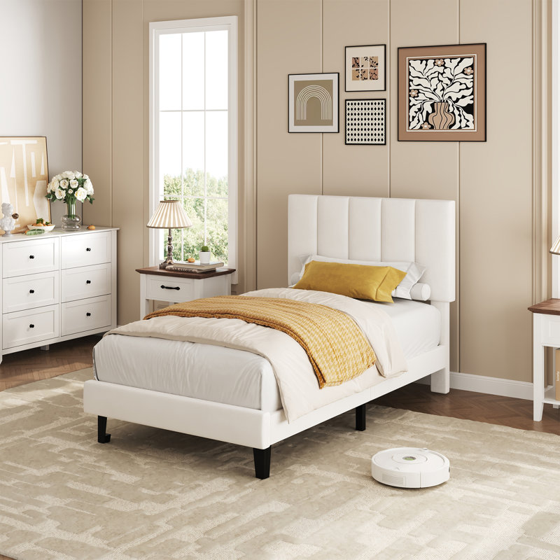 Twin Size Bed Frame, Velvet Upholstered Platform Bed with Vertical Channel Tufted Headboard,  Mattress Foundation with Strong Wood Slat, No Box Spring Needed, Easy Assembly, White
