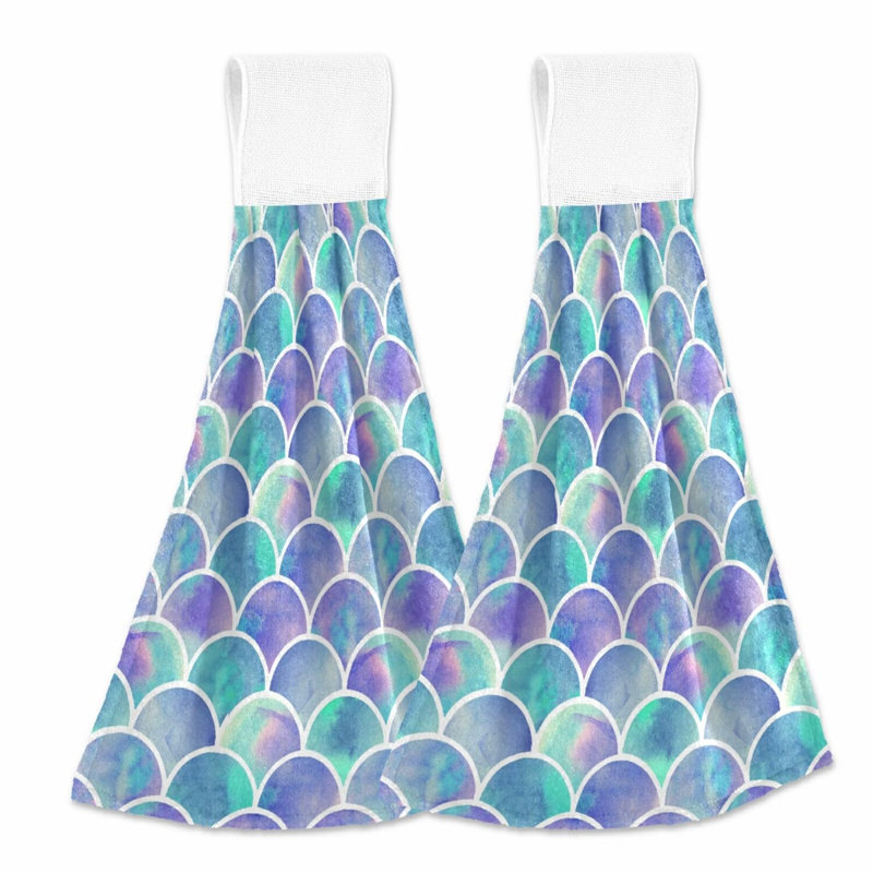 Mermaid Scales Absorbent Hanging Towels - Set of 2, 12x17 Inches, Perfect for Kitchen, Bathroom, and Laundry Room
