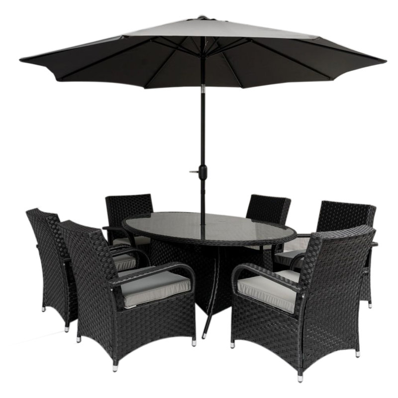 Nistler 6 - Person Patio Dining Set with Round Table , Cushions Included, Black
