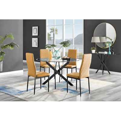 Modern Design Metal Round Glass Contemporary Dining Table & 4 Luxury Faux Leather Dining Chairs
