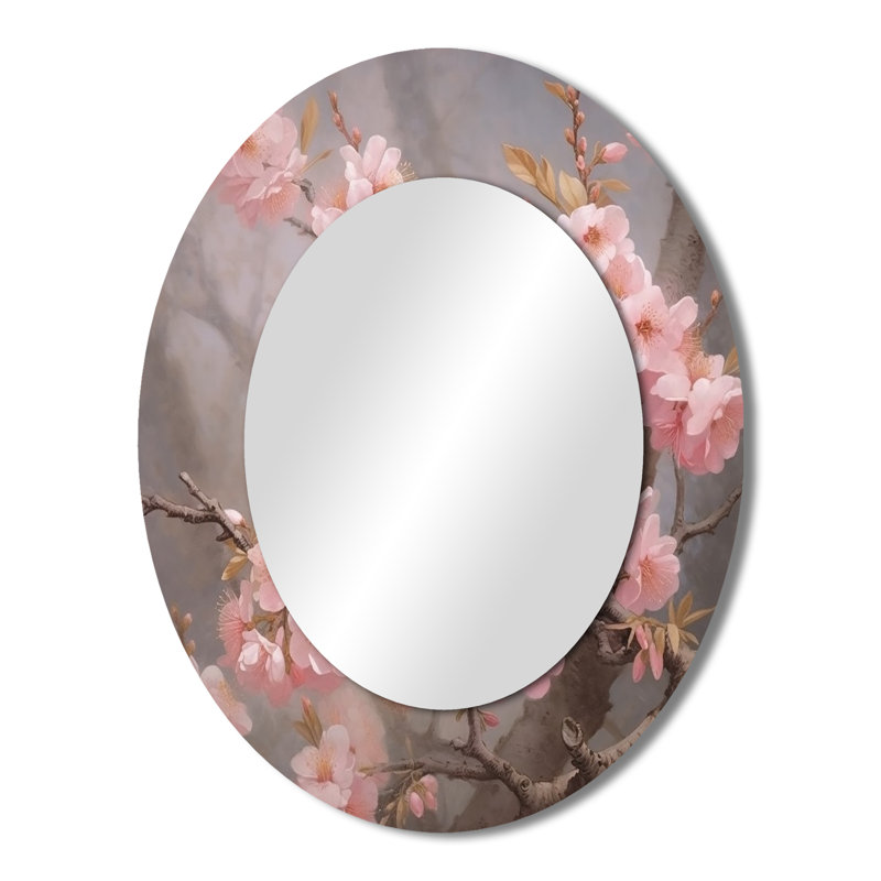 Bluebird On Blossom Cherry II - Grand miroir mural ovale sur métal, 43 po x 33 po
