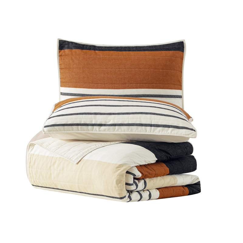 Queen Size Greige Cotton Stripe Quilt Set