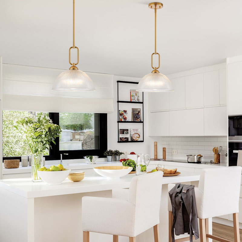 12’’ Pendant Light with Ribbed Glass Shade, Brushed Gold