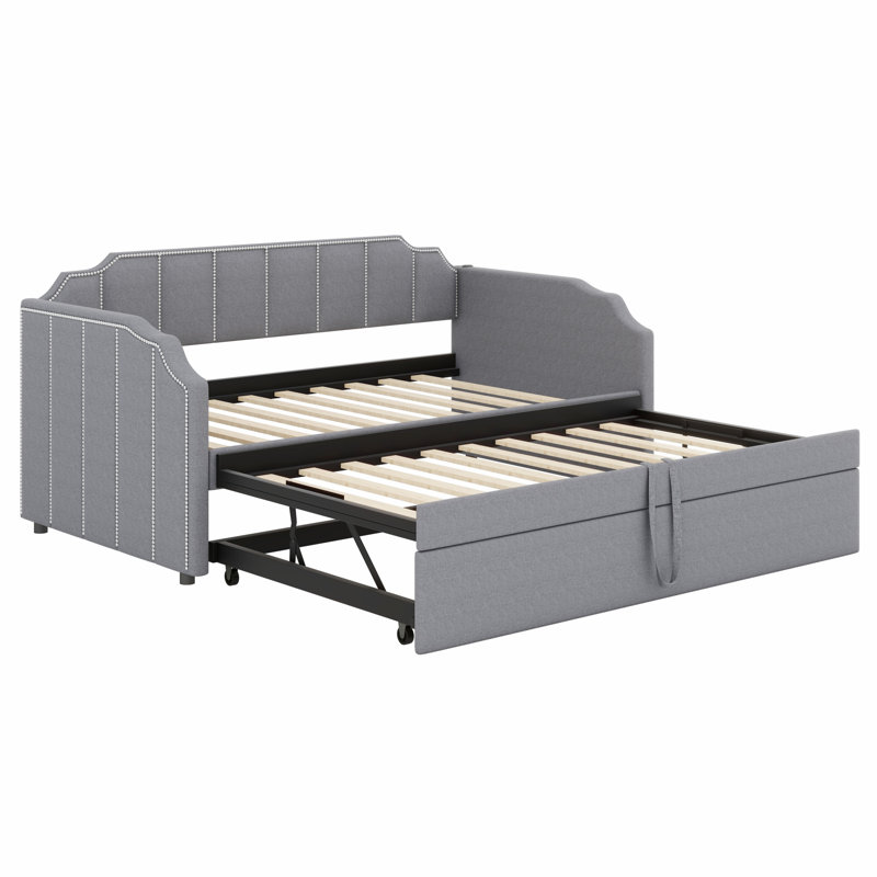 Stylish Upholstered Daybed with Pop-Up Trundle and USB Charging Function, Gray