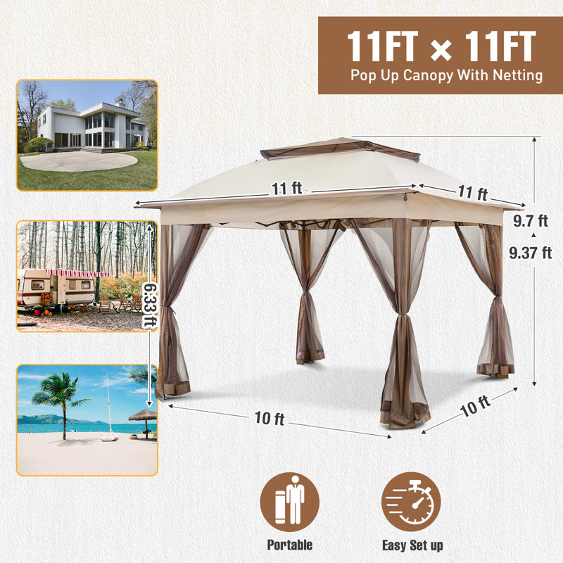 11 Ft. W x 11 Ft. D Pop Up Canopy Patio Gazebo with Mesh Wall, Tan