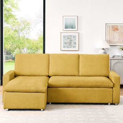 90" Sectional Sleeper With Yellow Corduroy And Reversible Storage Chaise Living Room Couch Fabric Convertible Function