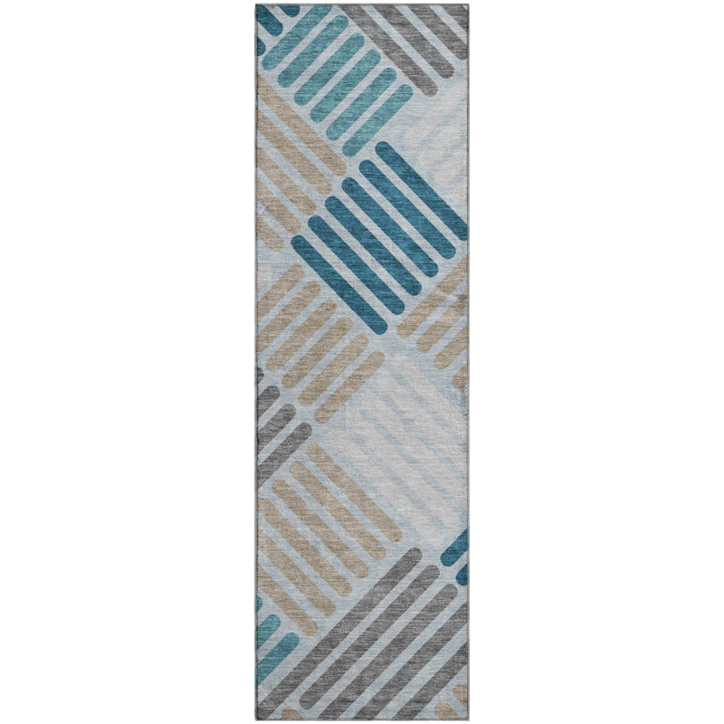 Premium Machine Washable Mayfield AMF2339 Geometric Rug, 2'3" x 7'6" Runner, Teal