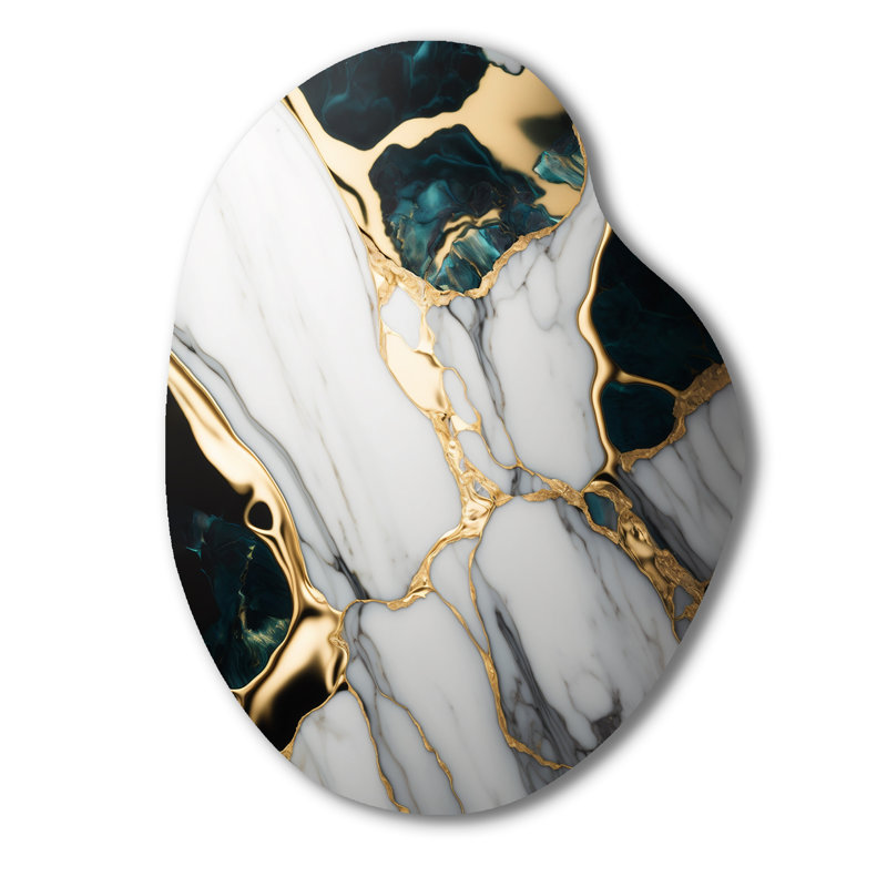 Abstrait géométrique en marbre doré et vert I - décoration murale irrégulière en forme de poire en marbre, H 30 po x l 22 po