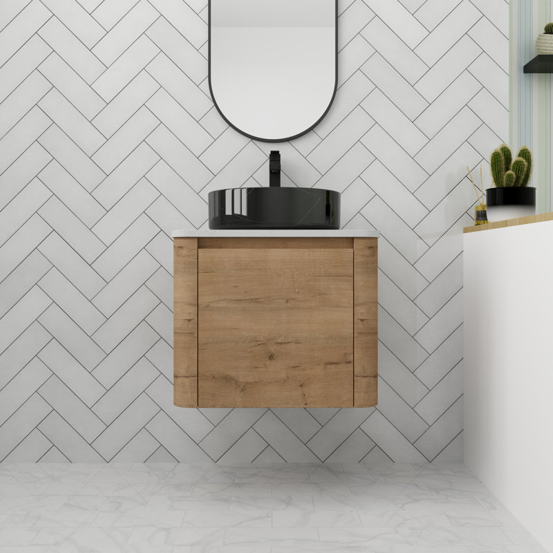Meuble-lavabo flottant 24 po avec porte à fermeture en douceur, Brun, Noir / blanc