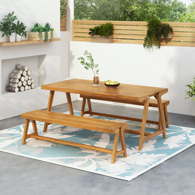 Ensemble de salle à manger de patio 3 pièces avec table et bancs en bois