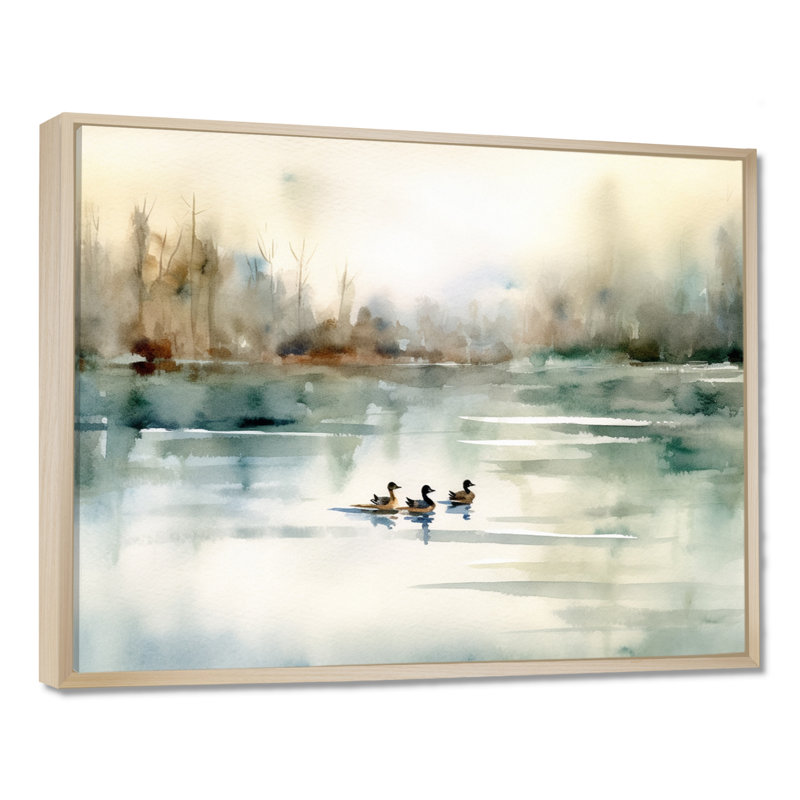 «Ducks in Pond I» - Art mural sur toile, H 12 po x l 20 po, Érable, Reproduction avec cadre flottant