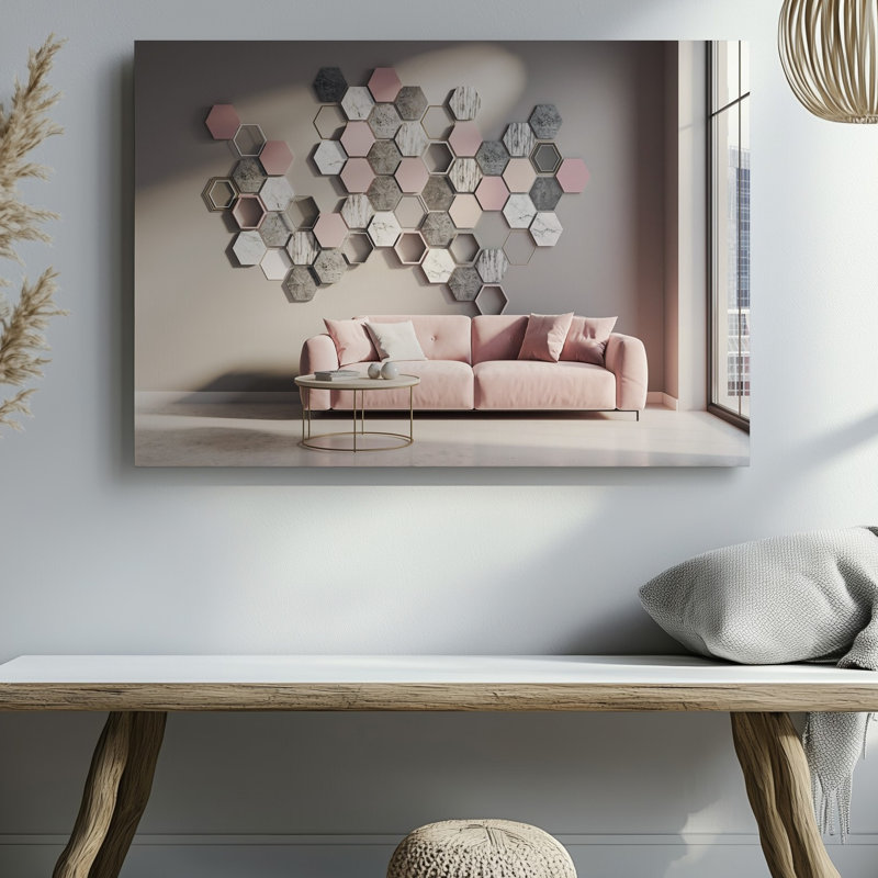 Toile, une scène intérieure moderne avec un salon élégant avec art mural, un canapé rose doux et une table basse ronde minimaliste, art mural