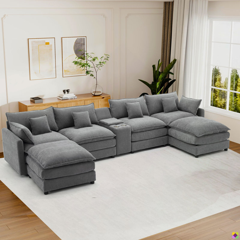 Merchelle 144.5"W 7 Piece Modular Sectional, Console, Cup Holders, USB Ports, Dark Gray Chenille