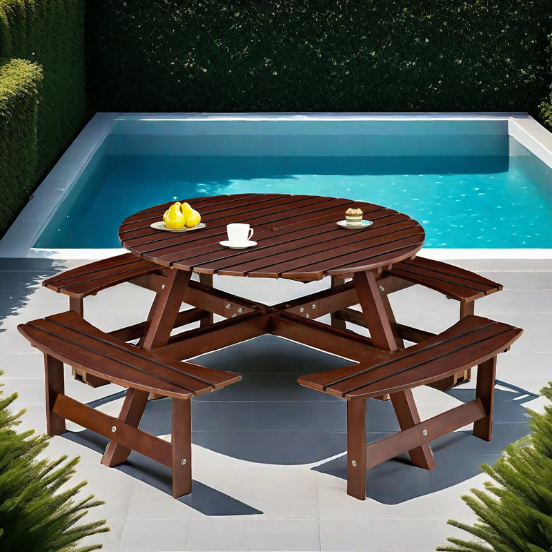 Evislandys Outdoor 8-Person Round Picnic Table with 4 Built-in Benches, Umbrella Hole, Brown