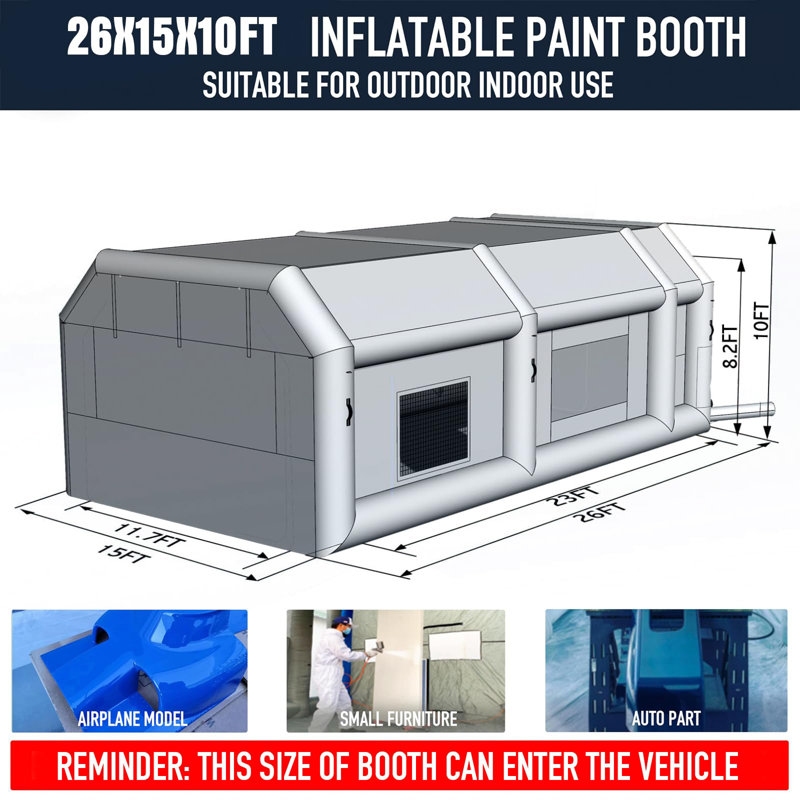  Grande cabine de peinture gonflable 26 x 15 x 10 pi avec souffleurs puissants et tente de peinture portative à filtration d'air pour la peinture automobile