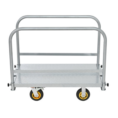 Drywall Panel Cart 2200 lbs Capacity 40 x 24 inch Steel 4 Handrails 6 inch Rubber Swivel Casters 2 with Brakes for Warehouse Construction Silver