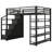 Queen Size Metal Loft Bed with Storage Shelves, Cabinets & Wardrobe, Black Finish