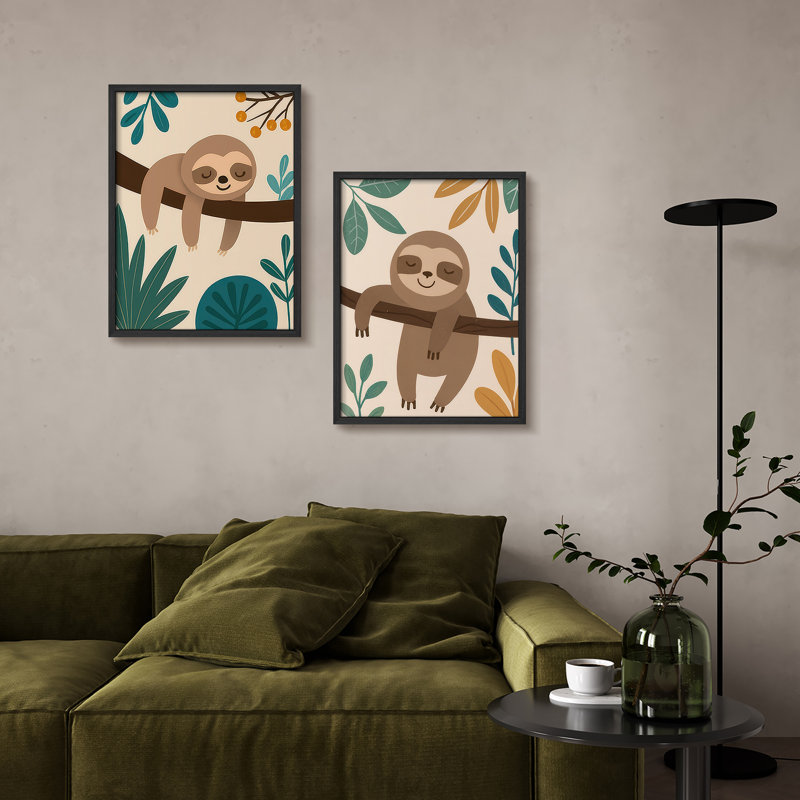 «Sleepy Sloth», ensemble d'art mural encadré de 2 paresseux, H 16 po x l 12 po, Naturel