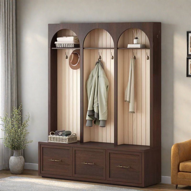 Farmhouse Wooden Style Hall Tree With Arched Design, Bench, 8 Retro Hooks, And 3 Drawers, Dark Walnut