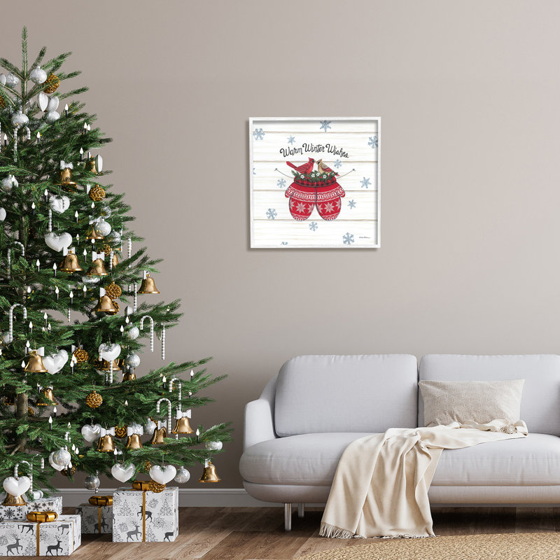 Warm Winter Wishes Cardinals, perchoir festif, mitaines noires, estampe numérique encadrée par Deb Strain