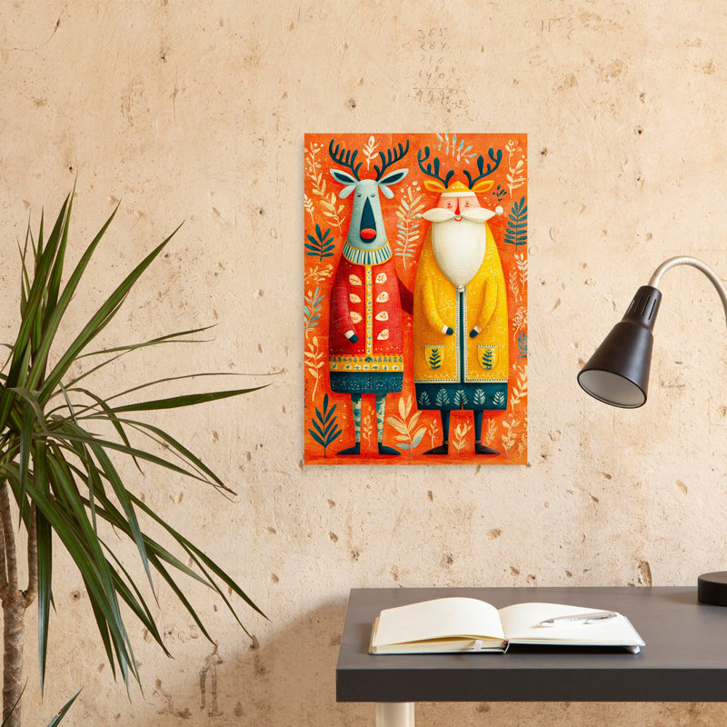 Festive Folk Art Duo Whimsical Abstract Winter Wall Art Print 1 Piece Wrapped Canvas Wall Art, 60.96cm H x 40.64cm W