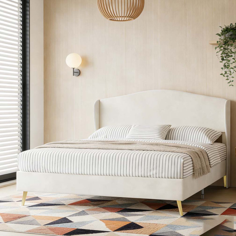 Lit tapissier en velours, Beige, Grand lit