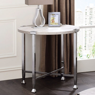 Table de bout ronde avec support en forme de X, chêne blanc et chrome