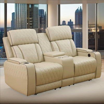 Simplica Beige Vegan Leather Power Reclining Loveseat With LED Lights, Storage Console & USB Charging