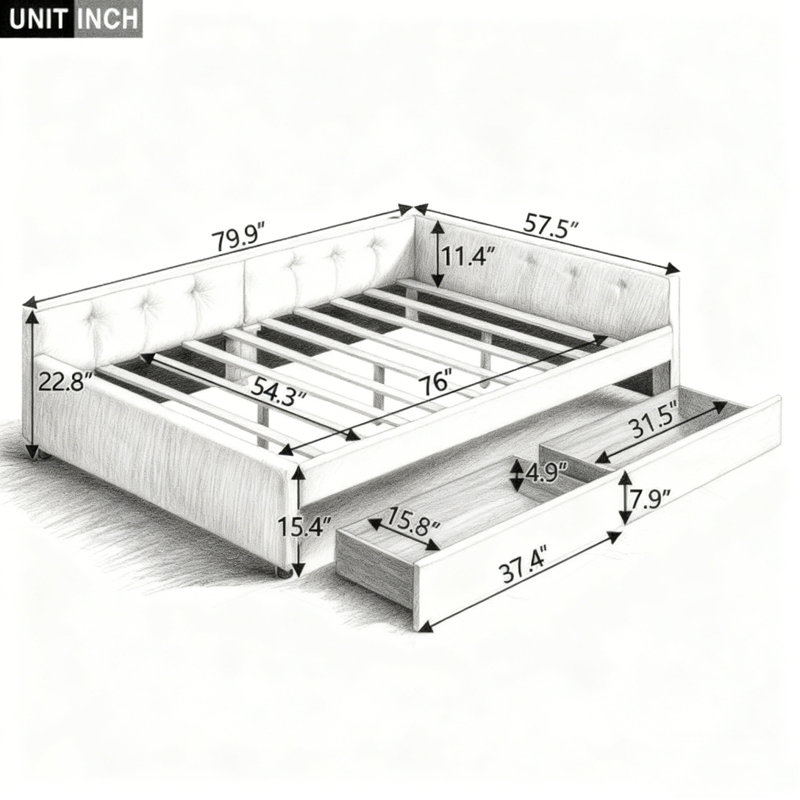 Lit avec port USB et 2 tiroirs, Complet/Double