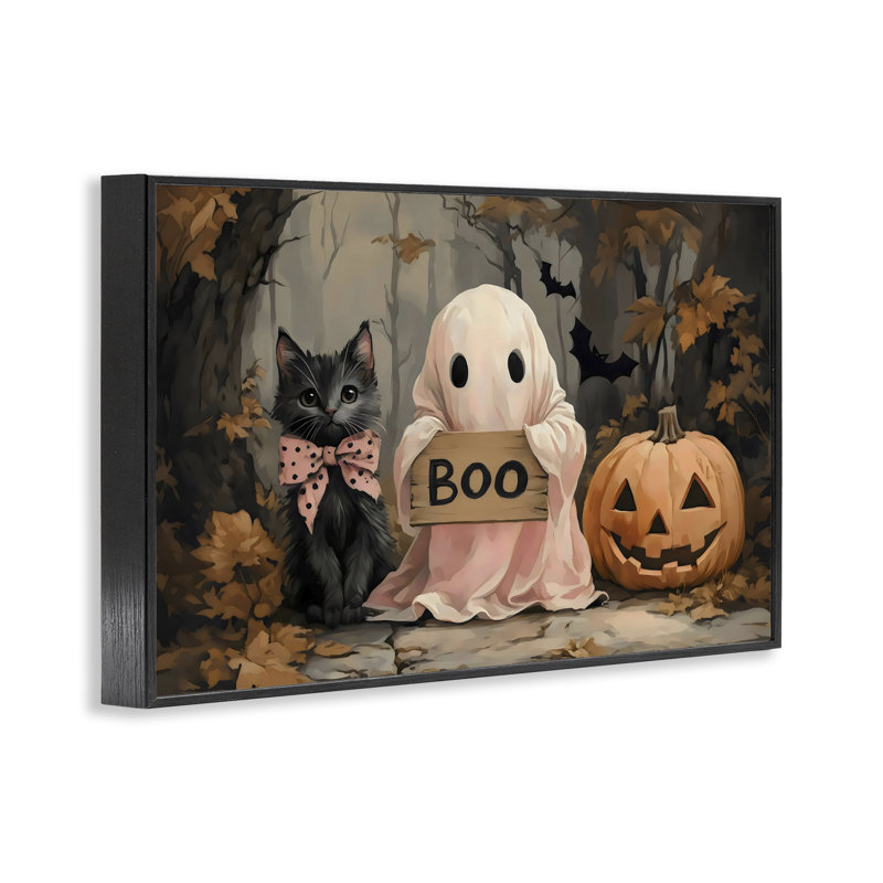 Joli dessin d'Halloween boo encadré, design par Arlington Prints, H 20 po x l 30 po, Giclée encadrée noir minuit