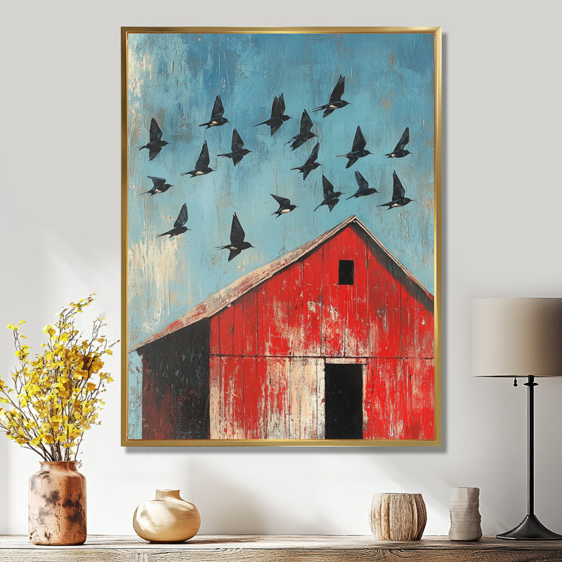 Swallows Birds Over The Red Barn II - Art mural oiseau, H 40 po x l 30 po, Reproduction avec cadre flottant, Doré