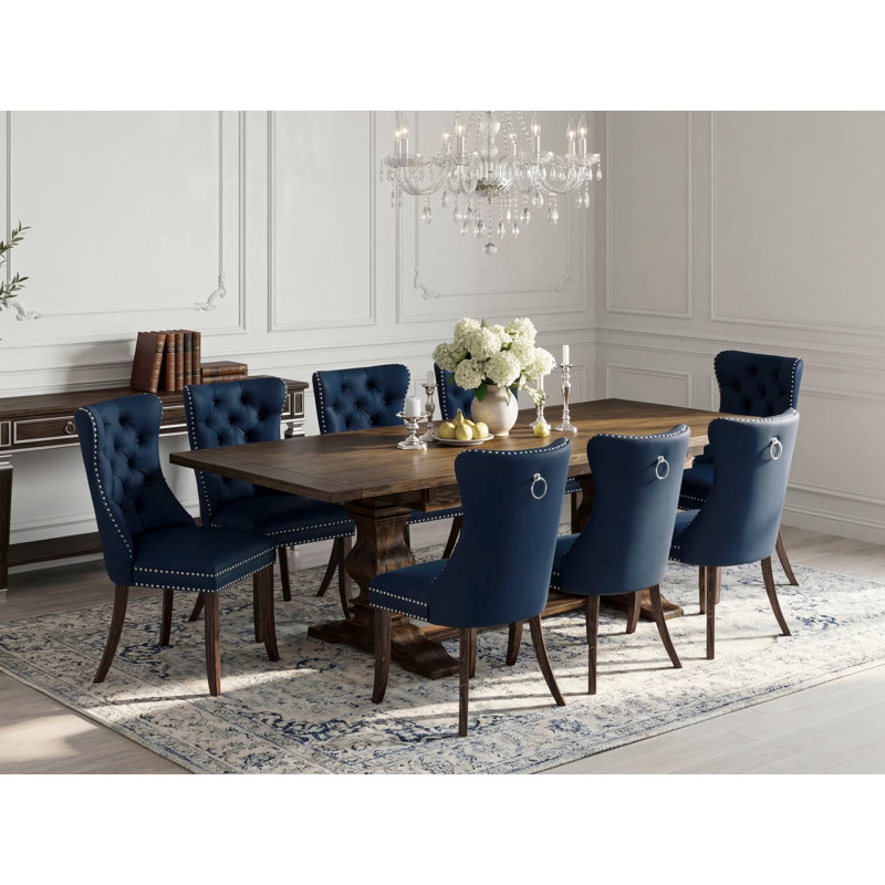 Ensemble de salle à manger 9 pièces comprenant une table de cuisine rectangulaire avec rallonge amovible et 8 chaises rembourrées, 107 x 234 cm, style jacobéen vieilli