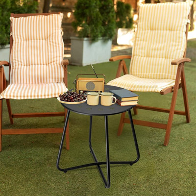Weather-Resistant Steel Outdoor Side Table, Round Patio End Table with Floral Cutout Design, Black