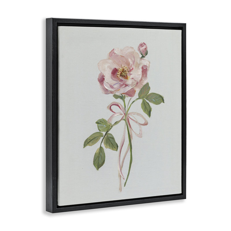Bouton de rose rose avec ruban, Cadre flottant noir de jais, H 21 po x l 17 po