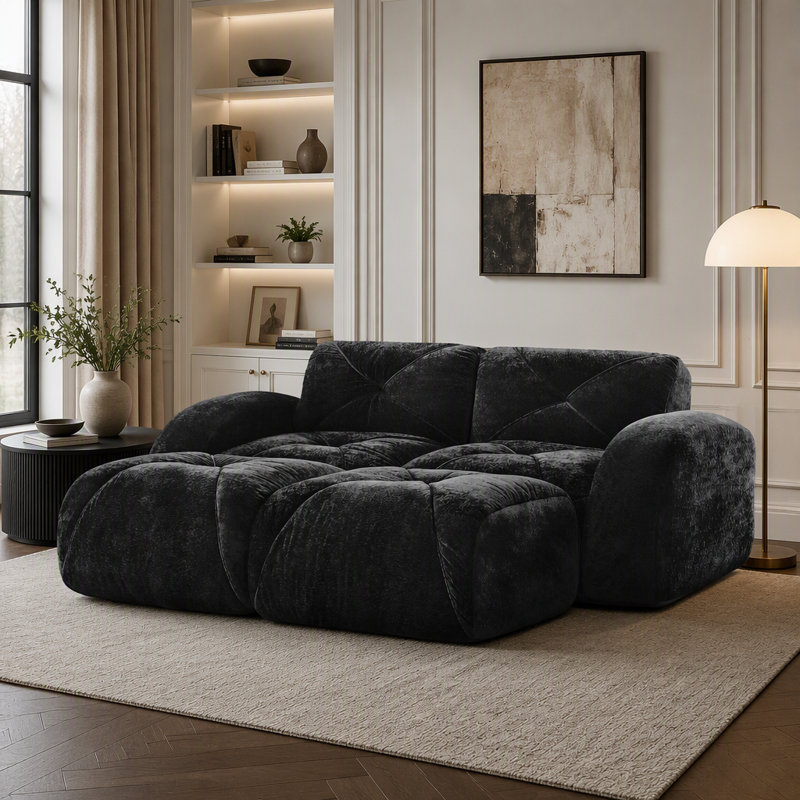 Canapé ergonomique en velours capitonné sans os, 2 sièges et 1 repose-pieds, Rouge et brun