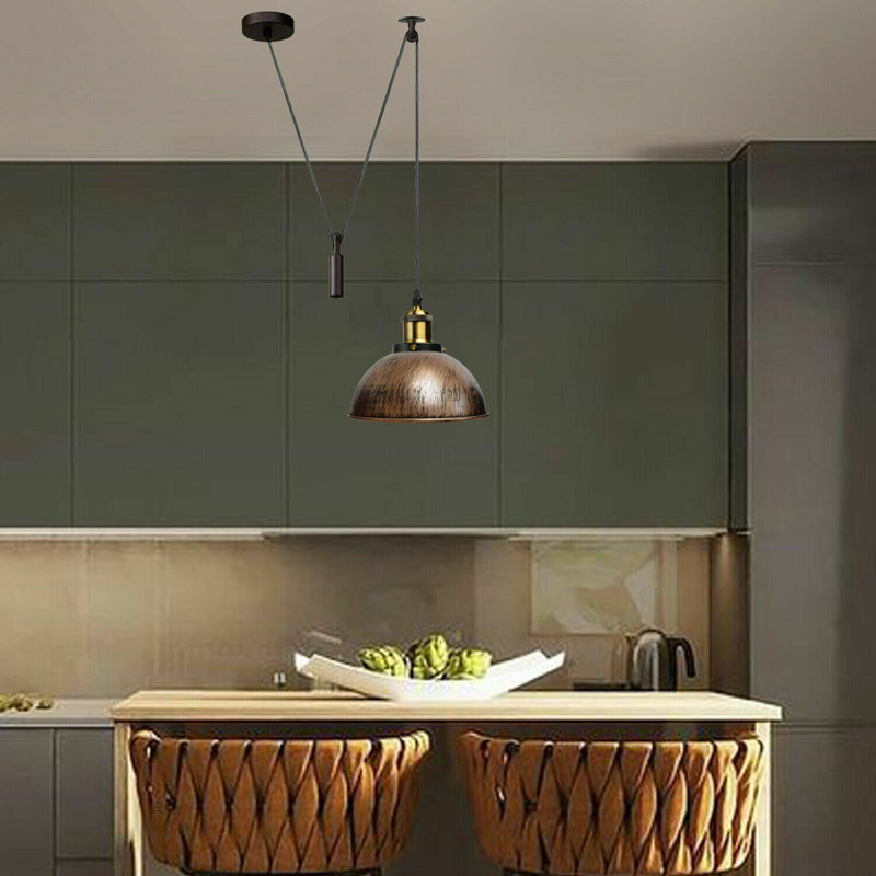Borough Wharf Industrial Pulley Pendant Light – Adjustable E27 Ceiling Hanging Lamp with Retro Metal Dome Shade for Kitchen & Living Spaces