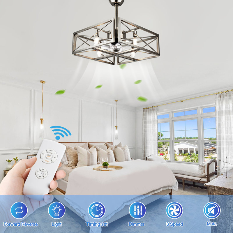 Franciousha 19,5 po Ventilateur de plafond industriel en nickel avec lumières, ventilateur de plafond réversible à 3 vitesses avec télécommande
