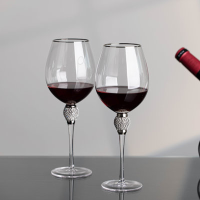 Set Of 6 Silver-rimmed Red Wine Glasses With Diamond Rhinestone Accent - 18 Oz, 10 Inches Tall - Toasting Glasses For Bride And Groom, For Party, Wedding Anniversary
