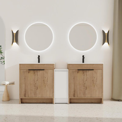 Meuble-lavabo autoportant de 72 pouces avec lavabo en céramique et armoires de rangement, porte à fermeture en douceur, armoire combinée 02430 * 2 + 0312, ensemble KD