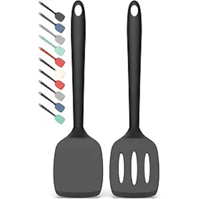 2 Pack Silicone Spatula Set, High Heat Resistant, BPA Free Kitchen Spatula, Solid & Slotted Turner For Non-Stick Pans, Sautéing, And Flipping (2, Pureblack)