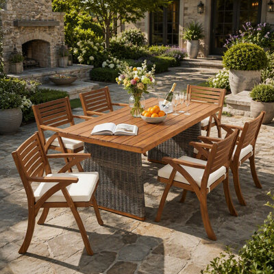 Ensemble repas d'extérieur 7 pièces en bois d'acacia avec pieds en rotin tissé à la main, osier gris