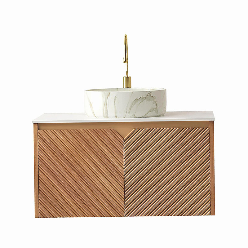 RUBEN 48" Bathroom Vanity&Sink, Floating Plywood Storage Cabinet, Twill Double Doors with Metal Trim, Glossy Stone Pattern White Round Ceramic Basin&Sintered Stone Top, Brown Oak Woodgrain (Old SKU)