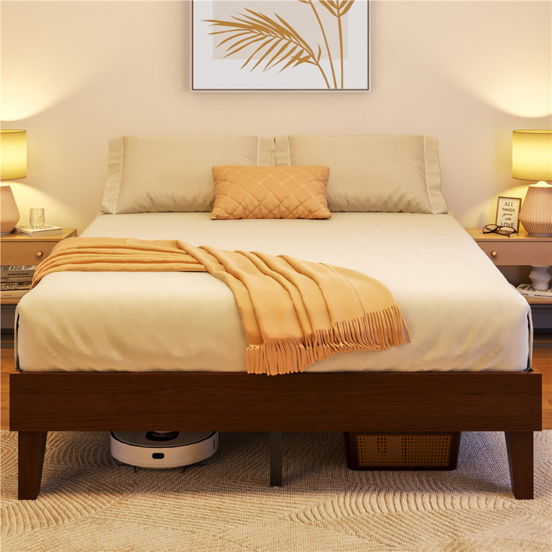 Multi-sized Wooden Platform Bed Frame with Sturdy Slat Support, Queen, Dark Walnut