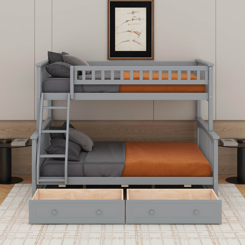 Lit simple superposé au dessus d'un lit double avec tiroirs, Gris