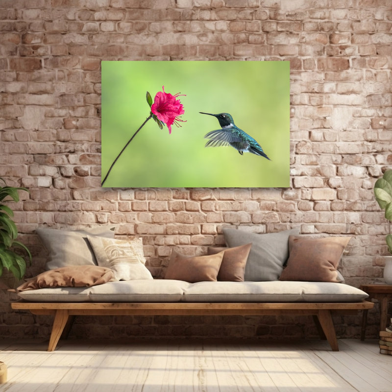 Hummingbird Approaching Flower Colorful Delicate Vibrant Hummingbird Bird Flower Nature Wall Art Print by Atul Saluja - Print