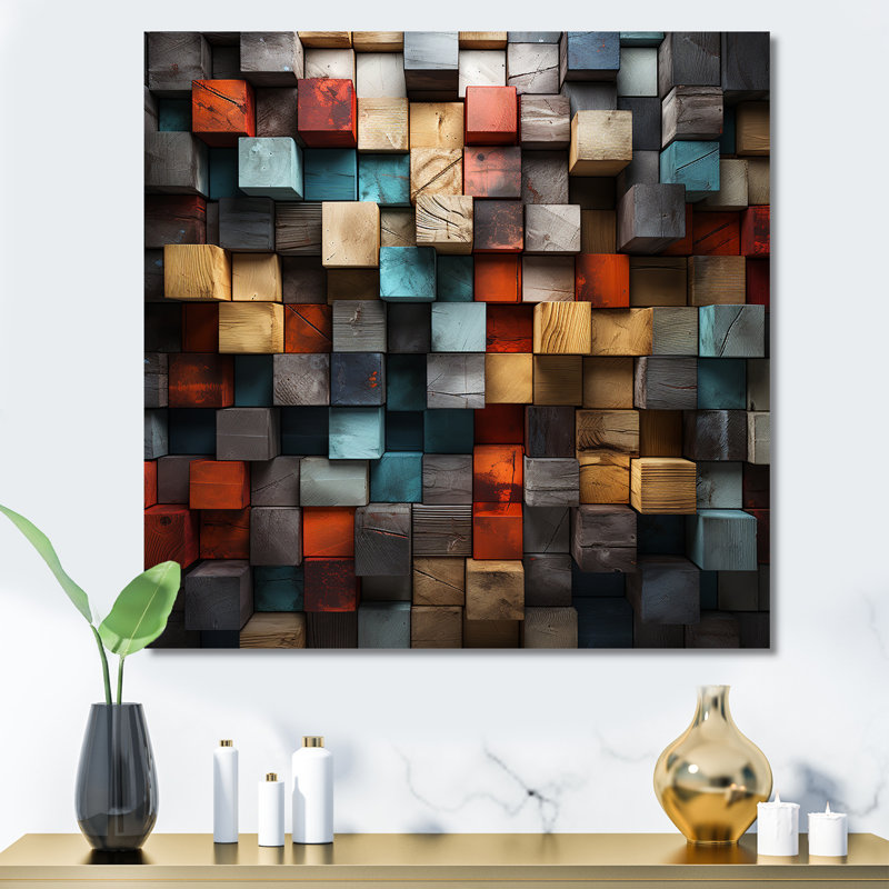 «Blue and Red Abstract Cubes IV - Abstract Cubism», reproduction d'art murale, H 16 po x l 16 po x P 1 po, Toile tendue