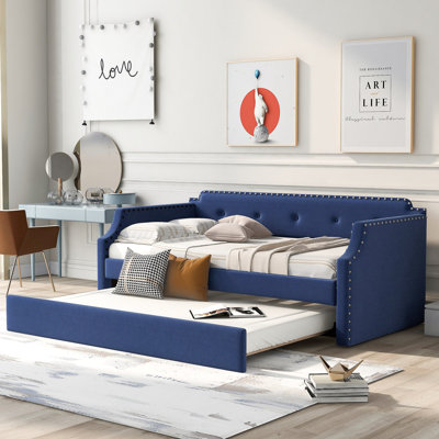 Upholstered Daybed With Trundle, Wood Slat Support,Upholstered Frame Sofa Bed